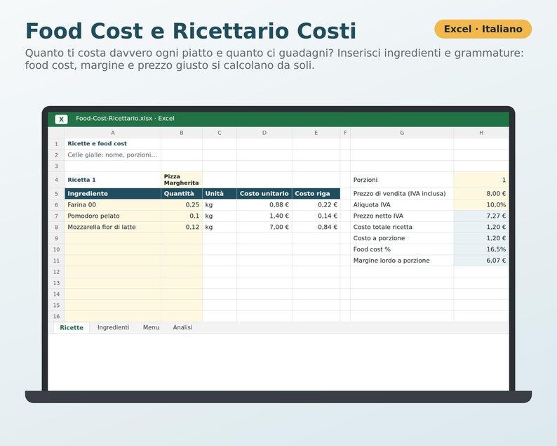 Food Cost and Recipe Book Excel in Italian | Recipe Cost, Portion Size, Margin, and Menu Price for a Restaurant, Pizzeria, or Bar image 1