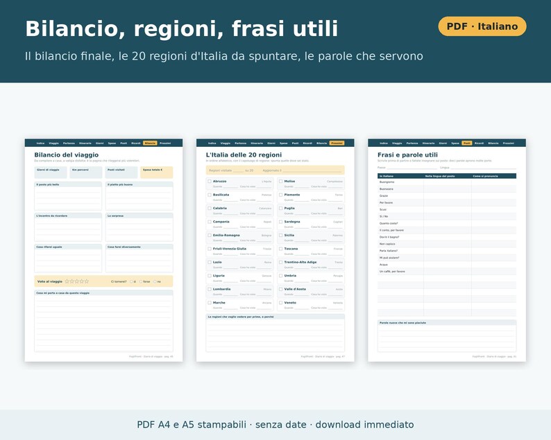 Printbaar reisdagboek (A4 en A5 PDF) | Italiaans reisdagboek, paklijst, reisroute, onkostenoverzicht, reiscadeau afbeelding 6