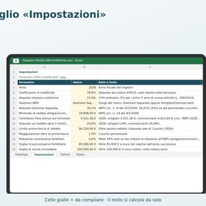 Registro del IVA a tipo fijo en Excel (en italiano) | Facturas, cobros, impuesto sustitutivo, cotizaciones al INPS, anticipos imagen 2
