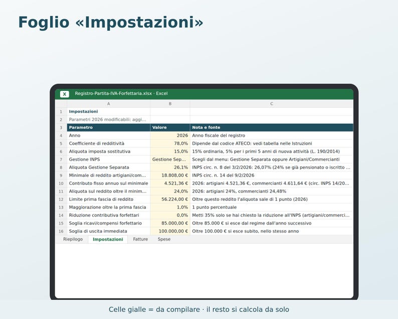 Registro del IVA a tipo fijo en Excel (en italiano) | Facturas, cobros, impuesto sustitutivo, cotizaciones al INPS, anticipos imagen 2