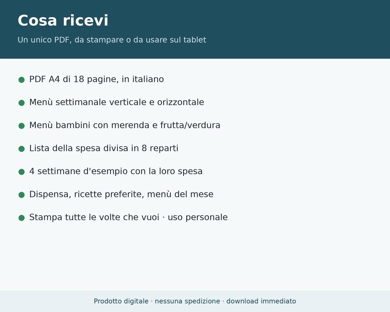 Wochenmenü (PDF) und ausdruckbare Einkaufsliste | Speiseplaner, Wochenmenü für Kinder, ausdruckbares Menü auf Italienisch Bild 7