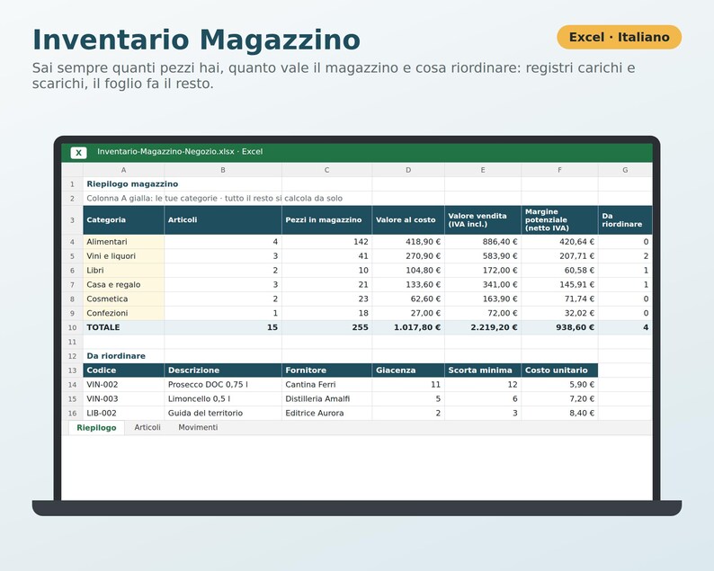 Warehouse Inventory in Excel in Italian | Store Inventory Management, Loading and Unloading, Stock, Reordering, Inventory Value, VAT Margin image 1