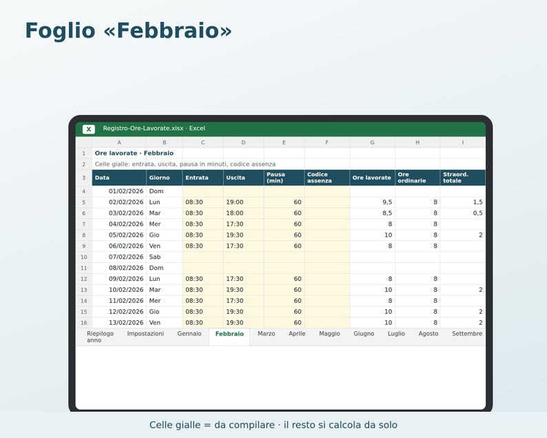 Excel Timesheet in Italian | Attendance Sheet, Overtime Calculation, Vacation and Leave, Paycheck Tracking, Freelance image 4