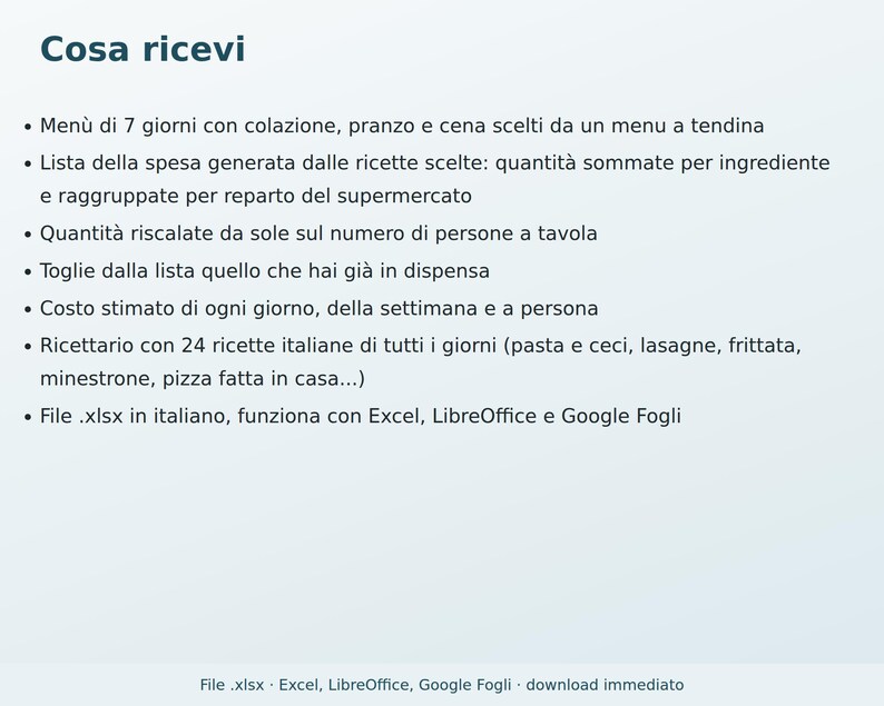 Excel Weekly Menu in Italian | Automatic Grocery List, Meal Planner, Recipe Book, Family Menu, Grocery Cost image 6