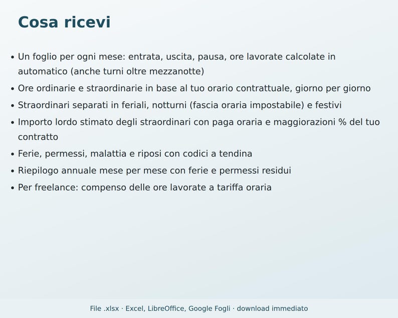 Excel Timesheet in Italian | Attendance Sheet, Overtime Calculation, Vacation and Leave, Paycheck Tracking, Freelance image 6