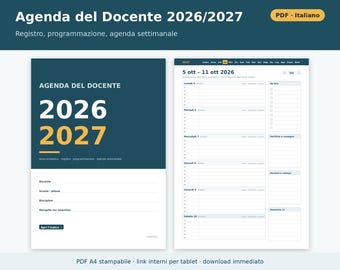 Lärarens agenda 2026-2027 (utskrivbar och digital PDF) | Lärarens betyg och närvaroregister, lärarens agenda, lärarplanerare på italienska