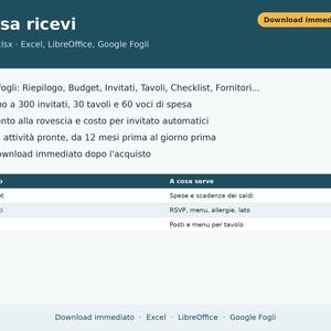 May include: A digital wedding planner spreadsheet file in .xlsx format compatible with Excel, LibreOffice, and Google Sheets. The document includes 8 tabs for budget, guest lists, tables, and checklists, supporting up to 300 guests and 30 tables.