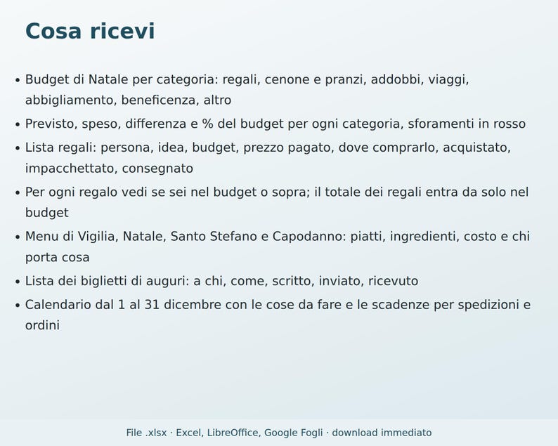 Julbudget 2026 Excel på italienska | Julklappslista, Julplanerare, Högtidsmeny, Gratulationskort, Decemberkalender bild 6