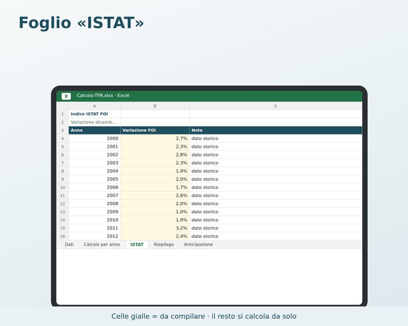 TFR Calculation in Excel in Italian | Severance Pay, ISTAT Revaluation, Separate Taxation, 70% Advance image 3