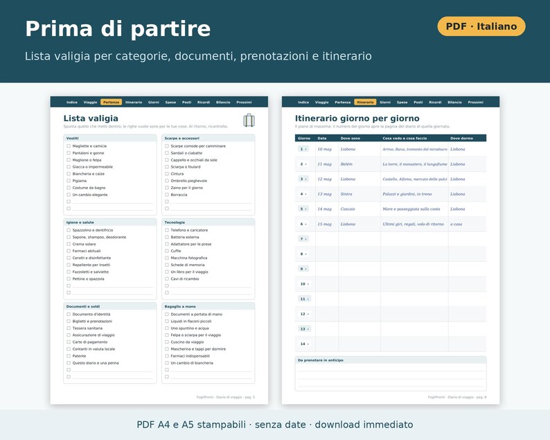 Printbaar reisdagboek (A4 en A5 PDF) | Italiaans reisdagboek, paklijst, reisroute, onkostenoverzicht, reiscadeau afbeelding 3