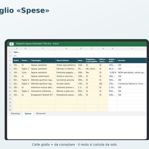 Op de afbeelding: Een digitaal spreadsheet getiteld Foglio Spese weergegeven op een scherm. De tabel bevat kolommen voor datum, gezinslid, type, beschrijving, bedrag, betaalmethode, documentatie en status, met gele cellen voor invoer.