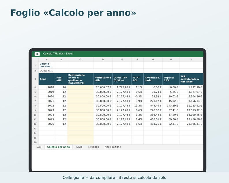 TFR Calculation in Excel in Italian | Severance Pay, ISTAT Revaluation, Separate Taxation, 70% Advance image 2