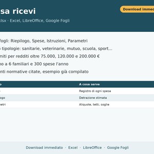 Op de afbeelding: Een digitaal spreadsheetbestand getiteld Cosa ricevi, met een lijst van vier bladen waaronder Riepilogo, Spese, Istruzioni en Parametri. Het document bevat 16 onkostencategorie&euml;n, inkomensgrenzen en ondersteuning voor maximaal 6 gezinsleden.
