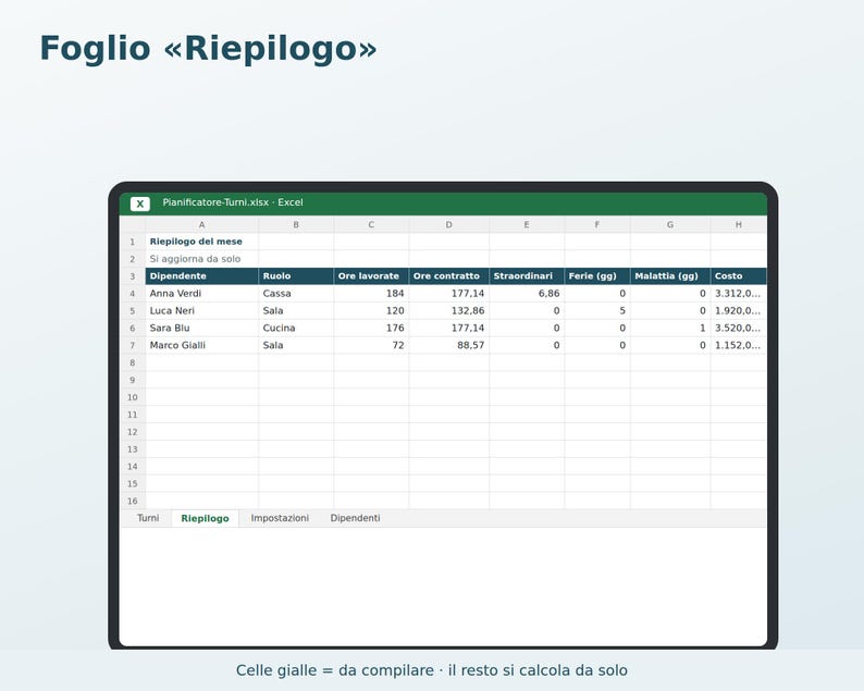 Employee Shift Planner for Excel in Italian | Monthly Schedule, Hours Worked, Overtime, Vacation, and Staff Costs image 2