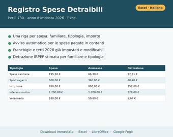 730 Tax Deductible Expense Register in Excel in Italian | 2026 Deductions, Medical Expenses, School, Sports, Mortgage, Veterinary Expenses