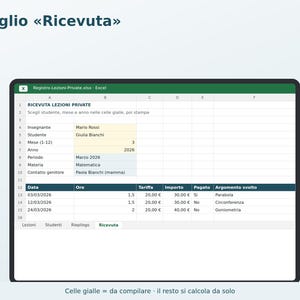 Private Lesson Log in Excel in Italian | Tutoring, Music Lessons, Student Hours and Payments, Printable Receipt image 4