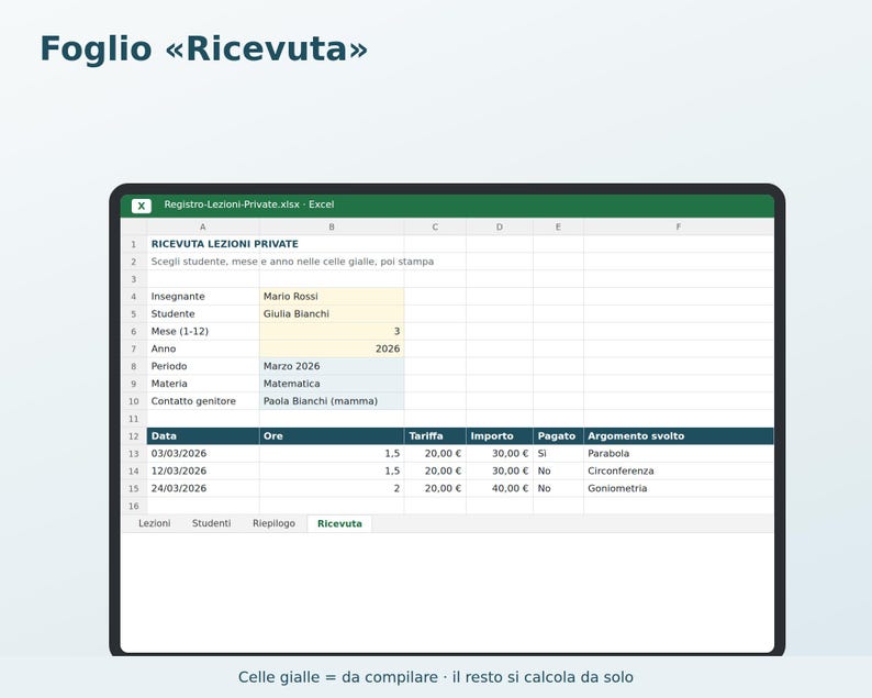 Private Lesson Log in Excel in Italian | Tutoring, Music Lessons, Student Hours and Payments, Printable Receipt image 4