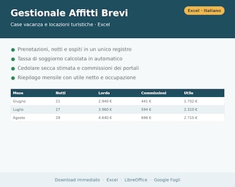 Logiciel de gestion de locations saisonnières sous Excel (en italien) | Registre des réservations, taxe de séjour, taxe forfaitaire, frais de location de vacances
