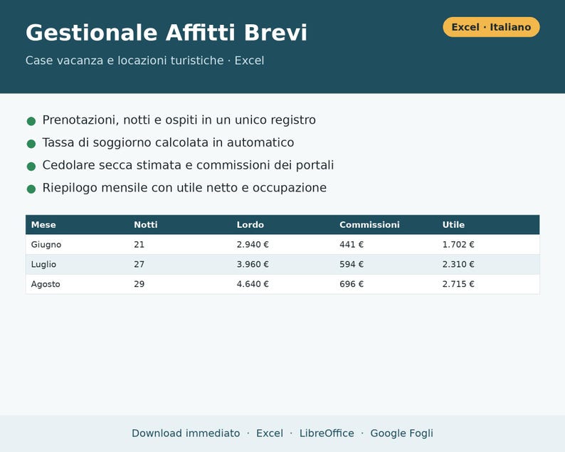 Short-Term Rental Management Software in Excel (in Italian) | Booking Register, Tourist Tax, Flat-Rate Tax, Vacation Rental Expenses image 1