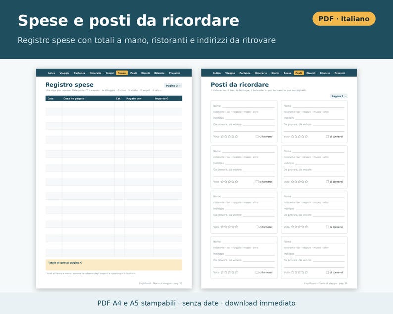 Printbaar reisdagboek (A4 en A5 PDF) | Italiaans reisdagboek, paklijst, reisroute, onkostenoverzicht, reiscadeau afbeelding 5