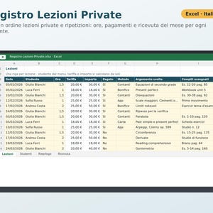 Private Lesson Log in Excel in Italian | Tutoring, Music Lessons, Student Hours and Payments, Printable Receipt image 1