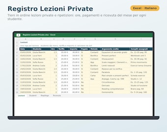 Private Lesson Log in Excel in Italian | Tutoring, Music Lessons, Student Hours and Payments, Printable Receipt