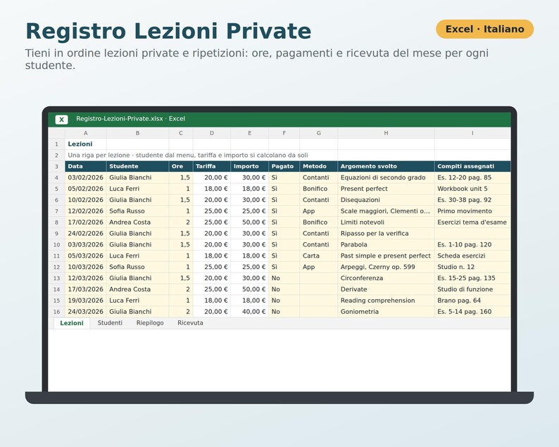Private Lesson Log in Excel in Italian | Tutoring, Music Lessons, Student Hours and Payments, Printable Receipt image 1