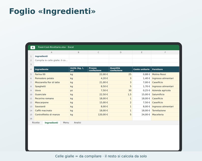 Food Cost and Recipe Book Excel in Italian | Recipe Cost, Portion Size, Margin, and Menu Price for a Restaurant, Pizzeria, or Bar image 2