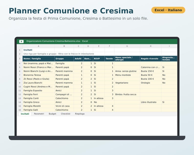 Communion and Confirmation Planner Excel in Italian | First Communion and Baptism Organizer, Guest List, Budget, Party Favors, Checklist image 1
