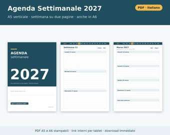 Wochenplaner 2027 (A5 und A6 Hochformat) – Druckbare PDF-Datei | Woche auf zwei Seiten, datierter Planer auf Italienisch, italienische Feiertage