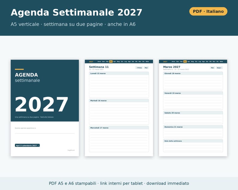 Wochenplaner 2027 (A5 und A6 Hochformat) – Druckbare PDF-Datei | Woche auf zwei Seiten, datierter Planer auf Italienisch, italienische Feiertage Bild 1