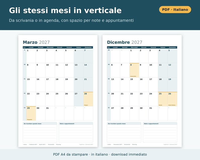 Printable 2027 Calendar (PDF) in Italian | Monthly, Horizontal and Vertical, Yearly, Holidays and Long Weekends, Shift and Vacation Planning image 3