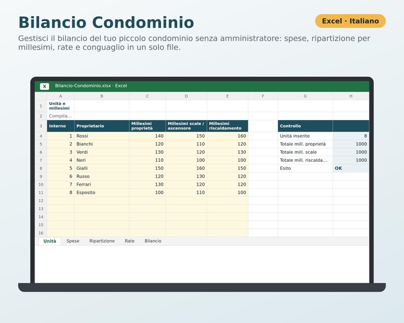 Condominium Budget Excel in Italian | Expense Breakdown by Thousandths, Installments, Budget and Final Report, Self-Managed Condominium image 1