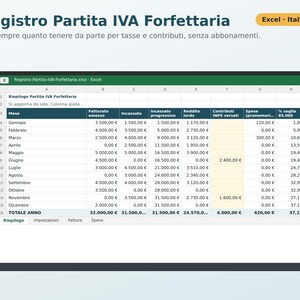 Registro del IVA a tipo fijo en Excel (en italiano) | Facturas, cobros, impuesto sustitutivo, cotizaciones al INPS, anticipos imagen 1