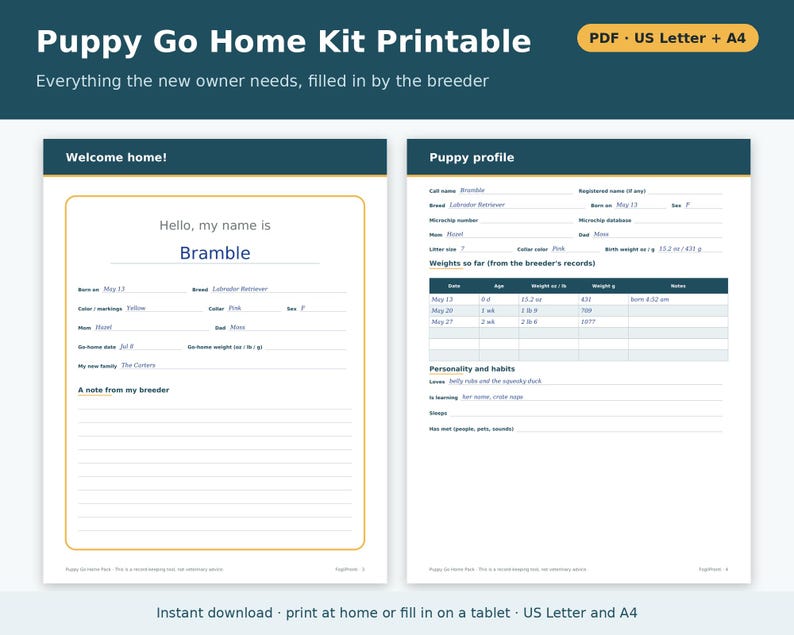 Puppy Go Home Kit Printable | Puppy Go Home Packet for New Owners, Puppy Profile, Feeding Schedule, Dog Breeder Forms PDF image 1
