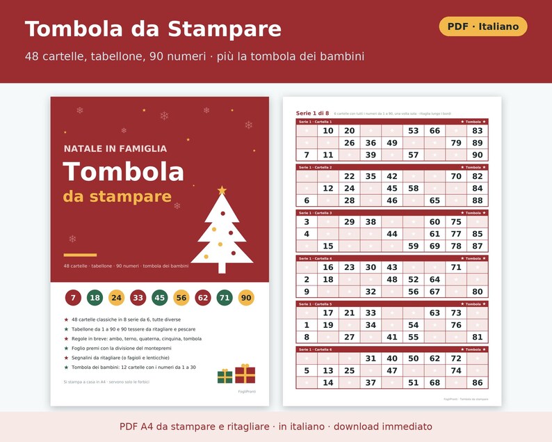 Printable Bingo (PDF) | 48 Cards, Board, 90 Numbers to Cut Out, Kids' Version, Rules and Prizes, Family Christmas Game image 1