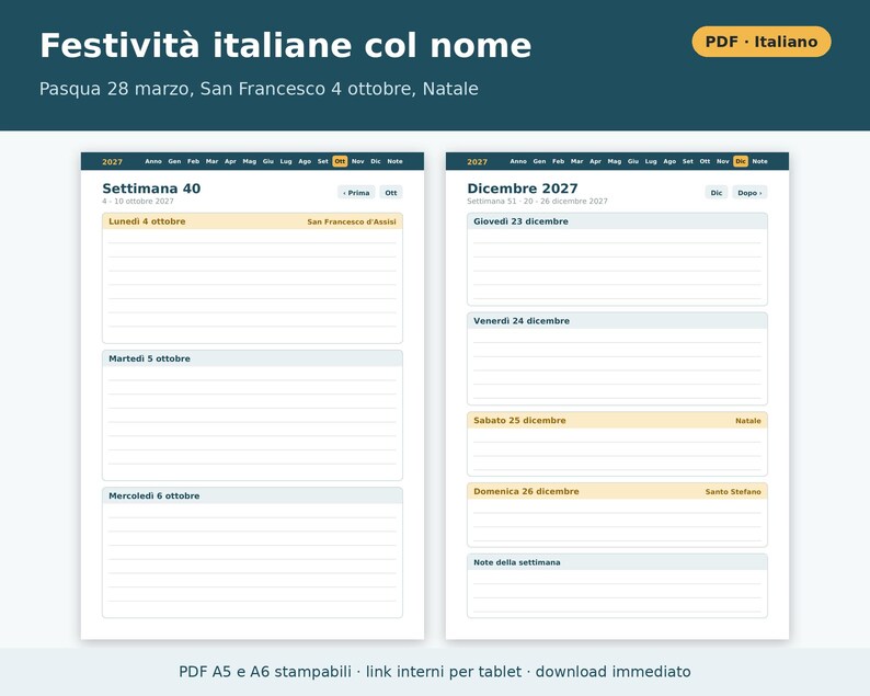 Wochenplaner 2027 (A5 und A6 Hochformat) – Druckbare PDF-Datei | Woche auf zwei Seiten, datierter Planer auf Italienisch, italienische Feiertage Bild 4