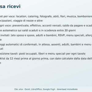 May include: A digital wedding planning spreadsheet document titled Cosa ricevi, featuring a bulleted list of features including budget tracking, guest list management, automatic counts, table seating arrangements, and a 12-month planning checklist.
