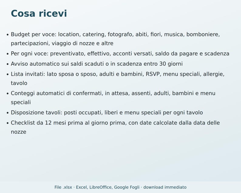 May include: A digital wedding planning spreadsheet document titled Cosa ricevi, featuring a bulleted list of features including budget tracking, guest list management, automatic counts, table seating arrangements, and a 12-month planning checklist.