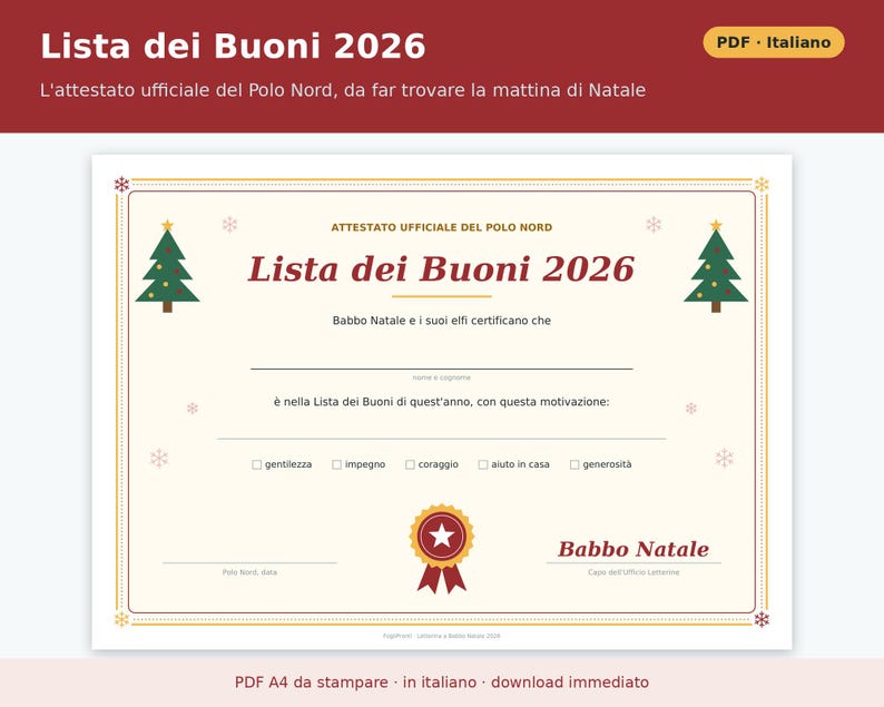 Carta imprimible a Papá Noel (PDF en italiano) | Kit infantil 2026 con sobre del Polo Norte, carta de respuesta, certificado y lista de regalos. imagen 5