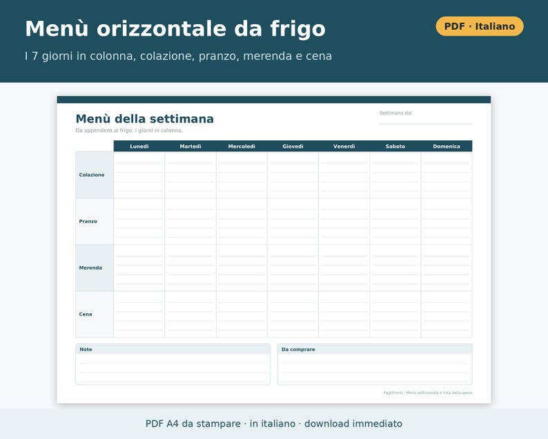 Wochenmenü (PDF) und ausdruckbare Einkaufsliste | Speiseplaner, Wochenmenü für Kinder, ausdruckbares Menü auf Italienisch Bild 3