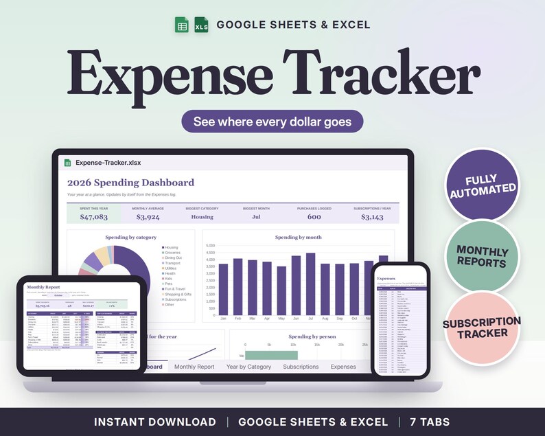 Expense Tracker Spreadsheet Google Sheets & Excel | Spending Log, Monthly Report, Subscription Tracker image 1
