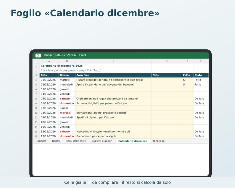 Julbudget 2026 Excel på italienska | Julklappslista, Julplanerare, Högtidsmeny, Gratulationskort, Decemberkalender bild 5
