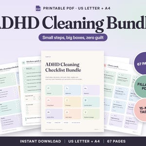 Bundel met schoonmaakchecklist voor ADHD-patiënten, invulbare schoonmaakplanner, checklist per kamer, takenlijst, 30 dagen opruimen, printbaar PDF-bestand afbeelding 1