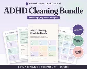 Paquete de listas de verificación de limpieza para TDAH, planificador de limpieza rellenable, lista de verificación habitación por habitación, tabla de tareas, organización de 30 días, PDF imprimible