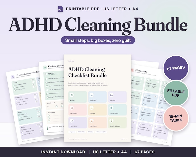 Bundel met schoonmaakchecklist voor ADHD-patiënten, invulbare schoonmaakplanner, checklist per kamer, takenlijst, 30 dagen opruimen, printbaar PDF-bestand afbeelding 1