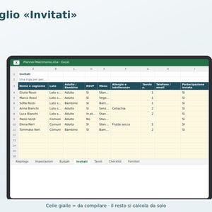 May include: A digital spreadsheet titled Foglio Invitati displayed on a screen, featuring columns for guest names, RSVP status, menu choices, allergies, table numbers, and contact details, with yellow cells indicating areas for user input.