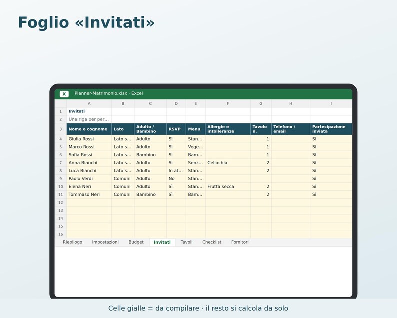 May include: A digital spreadsheet titled Foglio Invitati displayed on a screen, featuring columns for guest names, RSVP status, menu choices, allergies, table numbers, and contact details, with yellow cells indicating areas for user input.