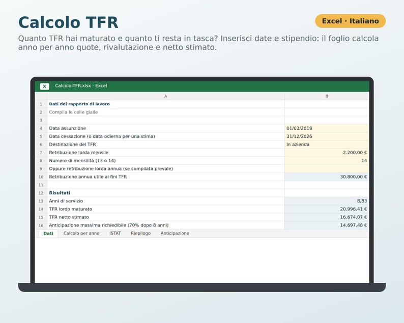 TFR Calculation in Excel in Italian | Severance Pay, ISTAT Revaluation, Separate Taxation, 70% Advance image 1