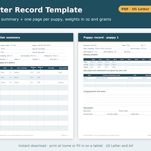May include: A digital Litter Record Template in PDF format for US Letter and A4 sizes. The document includes a Litter summary page with a table for puppy details and a Puppy record page for tracking weekly weights in ounces and grams.
